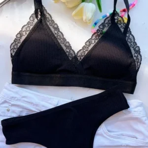Ensemble Brassière-Culotte en Dentelle de Coton Noir